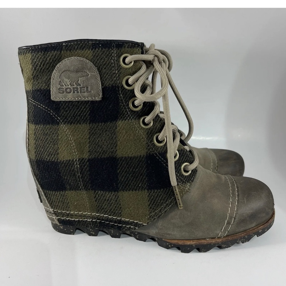 WOMENS SOREL PDX WOOL LEATHER GREEN PLAID WEDGE LACE UP ANKLE BOOTS SZ 8 RARE!
